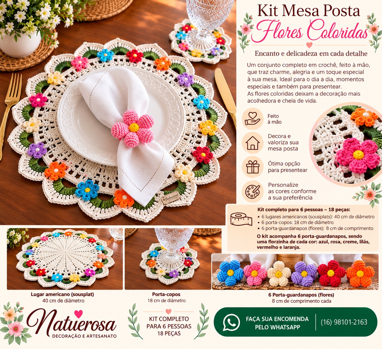 Kit Mesa Posta Flores Coloridas em crochê