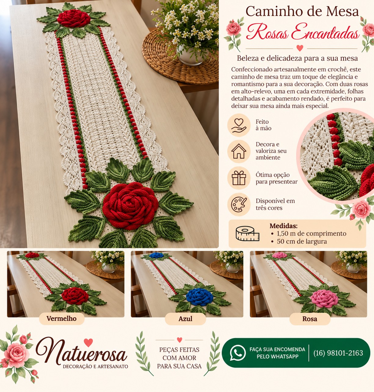 Caminho de Mesa Rosas Encantadas em crochê