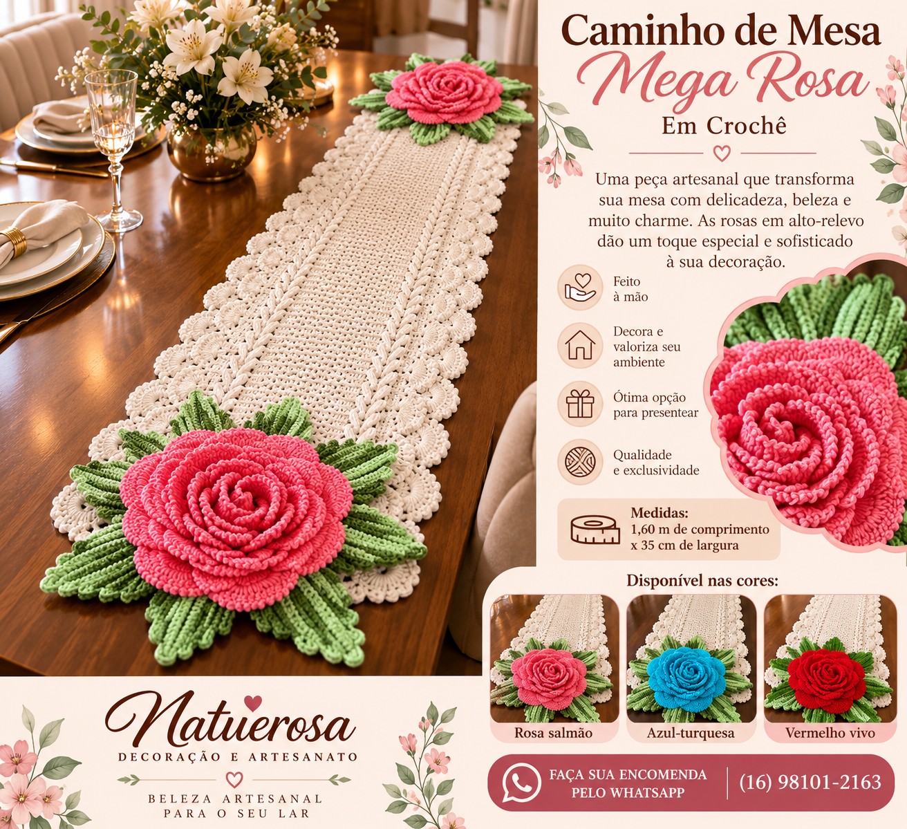 Caminho de Mesa Mega Rosa em crochê